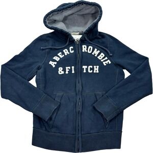 Y2K Abercrombie & Fitch Hoodie Mens Medium Navy Blue Muscle Fit Zip Thrashed